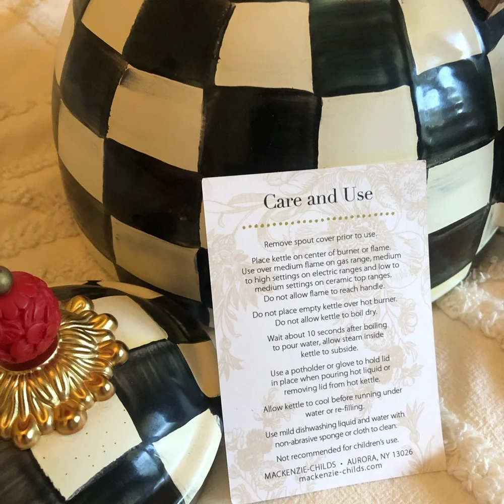 MacKenzie-Childs Black and White Checkered Teapot Kettle with Red Knob, 3qt - Picture 3 of 7